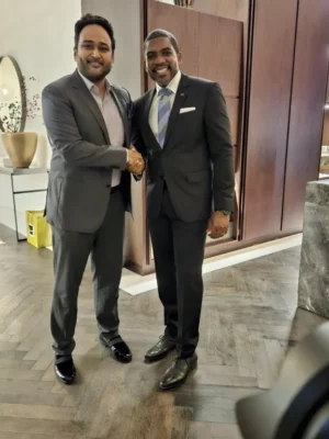 Dr. Prashanth with Hon. Dr. Terrance Drew, Prime Minister of Saint Kitts and Nevis.